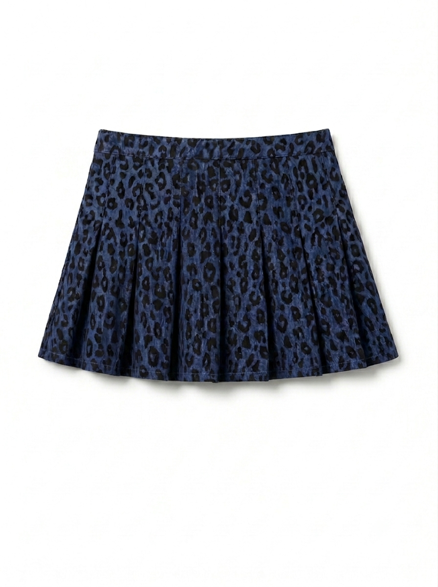 Gonna Fara a pieghe in denim floccato animalier