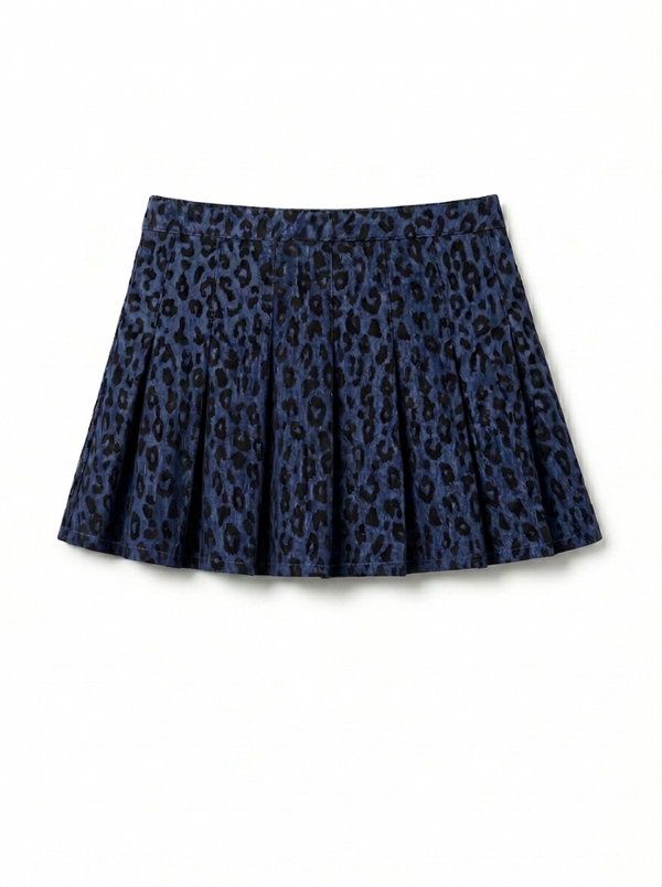 Animalier flocked denim pleated skirt