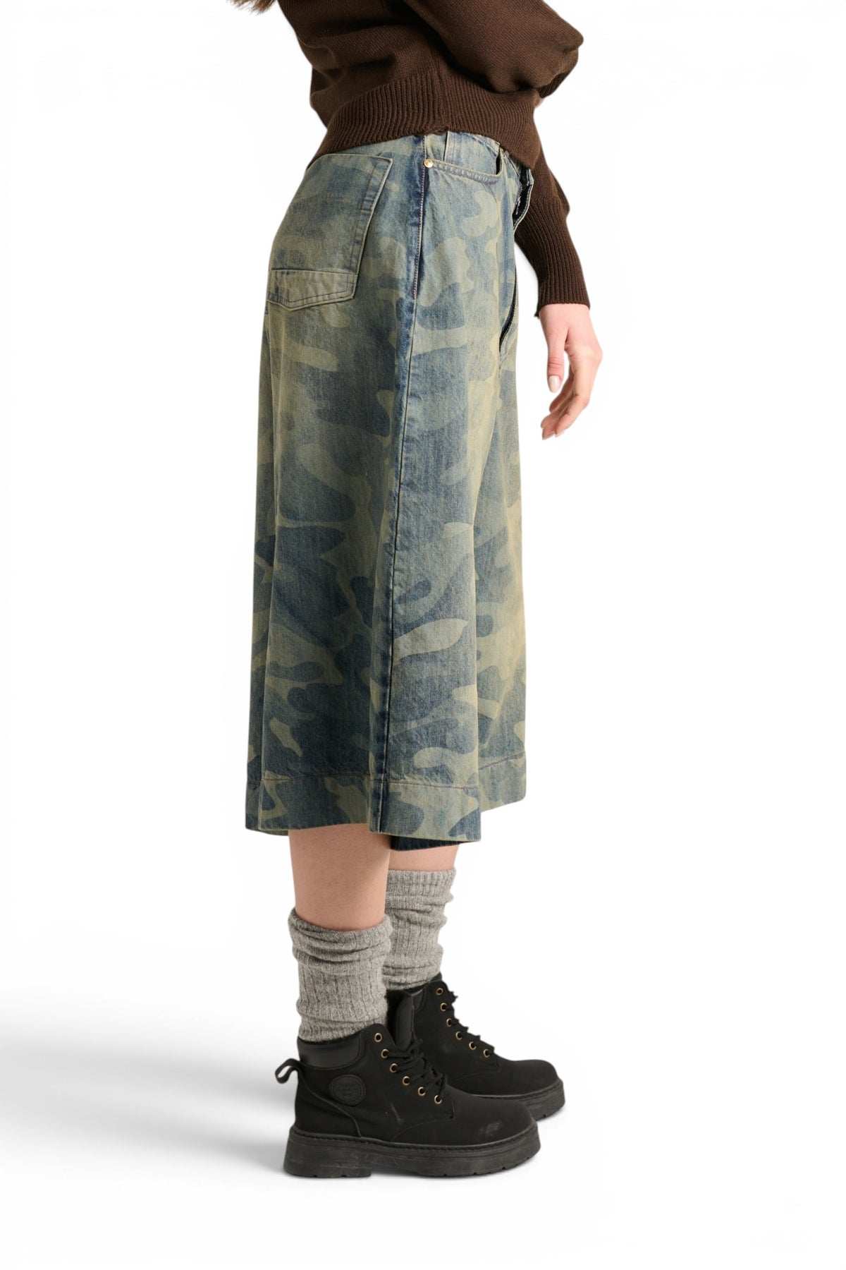 Pantagonna Andra in denim camouflage laserato