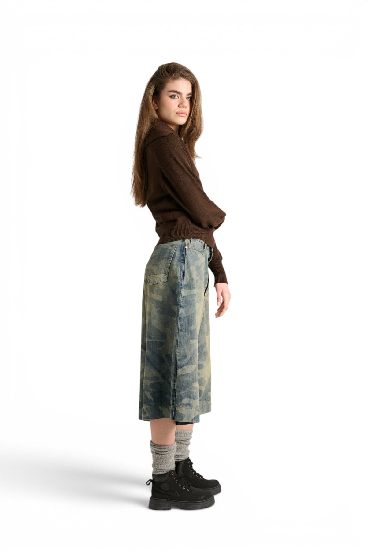 Pantagonna Andra in denim camouflage laserato