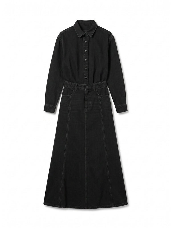 Magda dress in black denim with long skirt