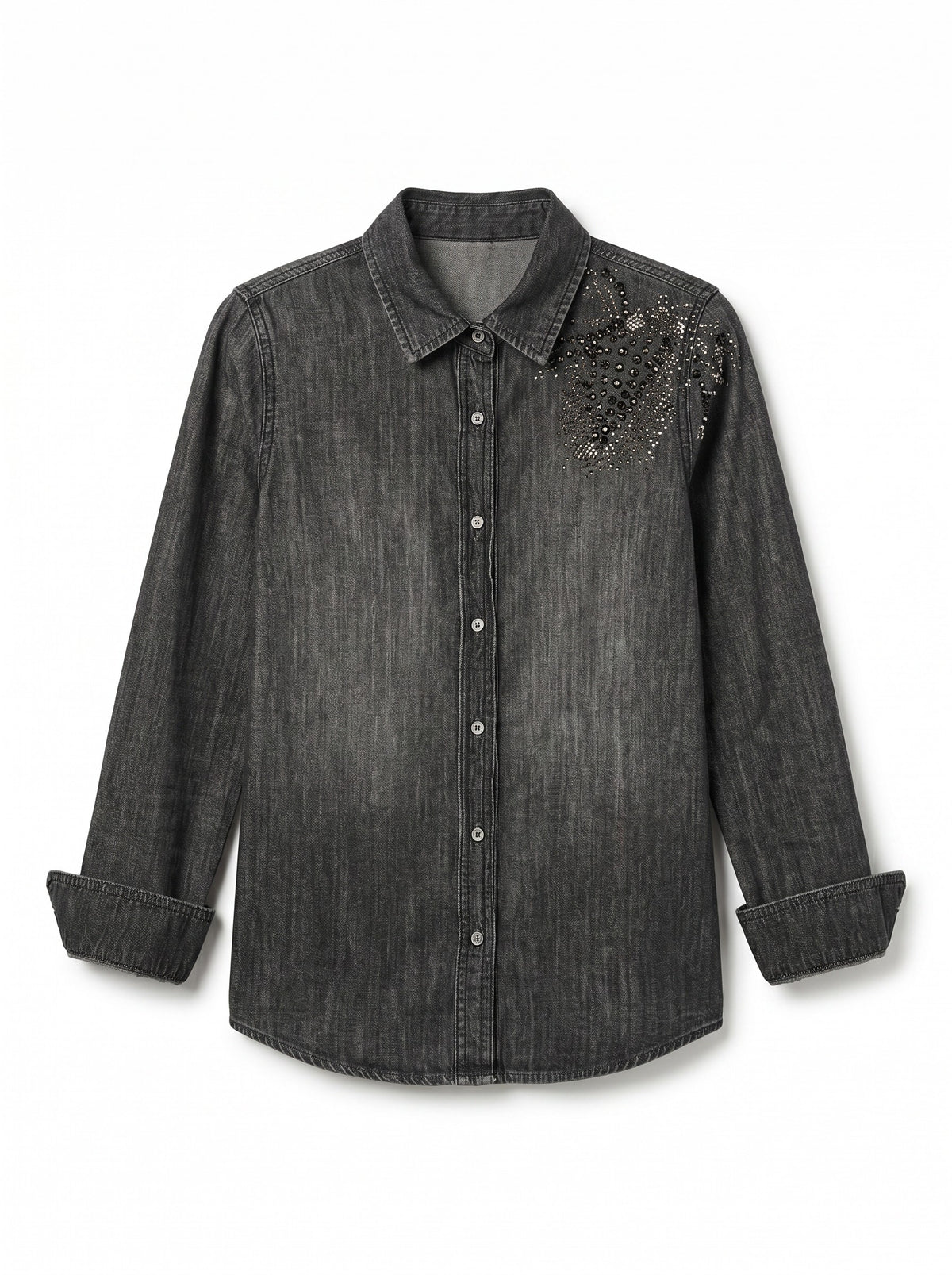Paris shirt in black chambray with floral application, studs and rhinestones
