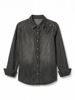 Paris shirt in black chambray with floral application, studs and rhinestones