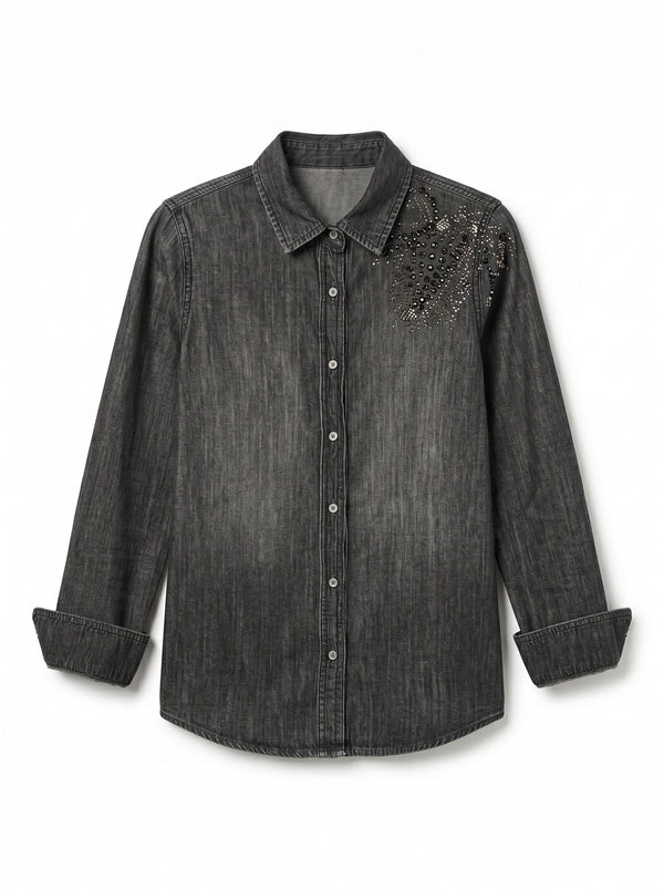 Paris shirt in black chambray with floral application, studs and rhinestones