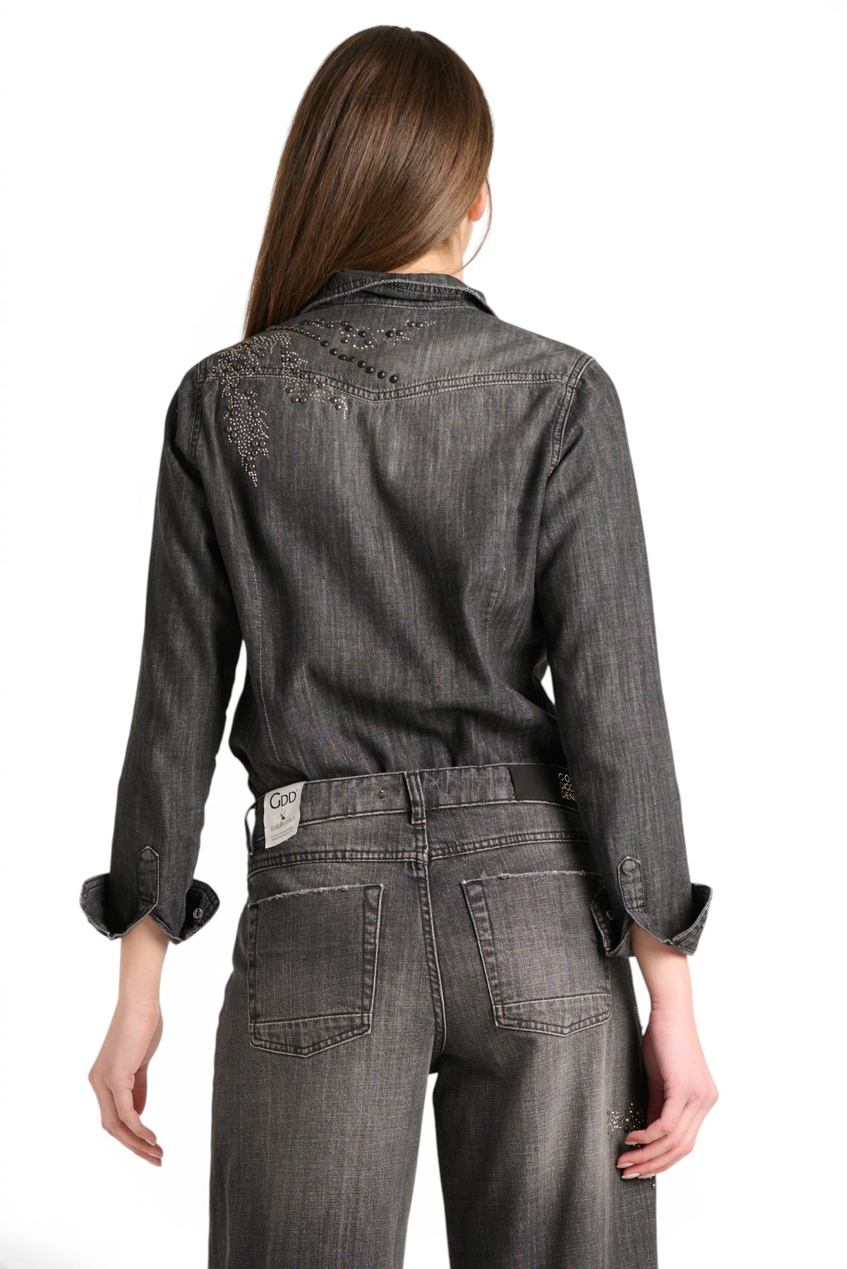 Paris shirt in black chambray with floral application, studs and rhinestones
