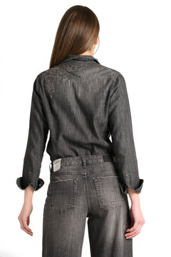 Paris shirt in black chambray with floral application, studs and rhinestones