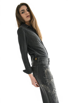 Paris shirt in black chambray with floral application, studs and rhinestones