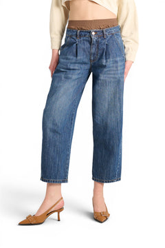 Boxy jeans with chocolate poplin faux boxers