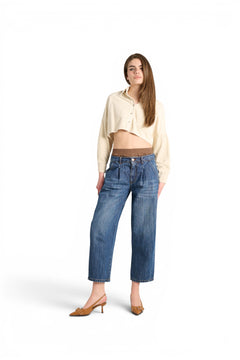 Boxy jeans with chocolate poplin faux boxers