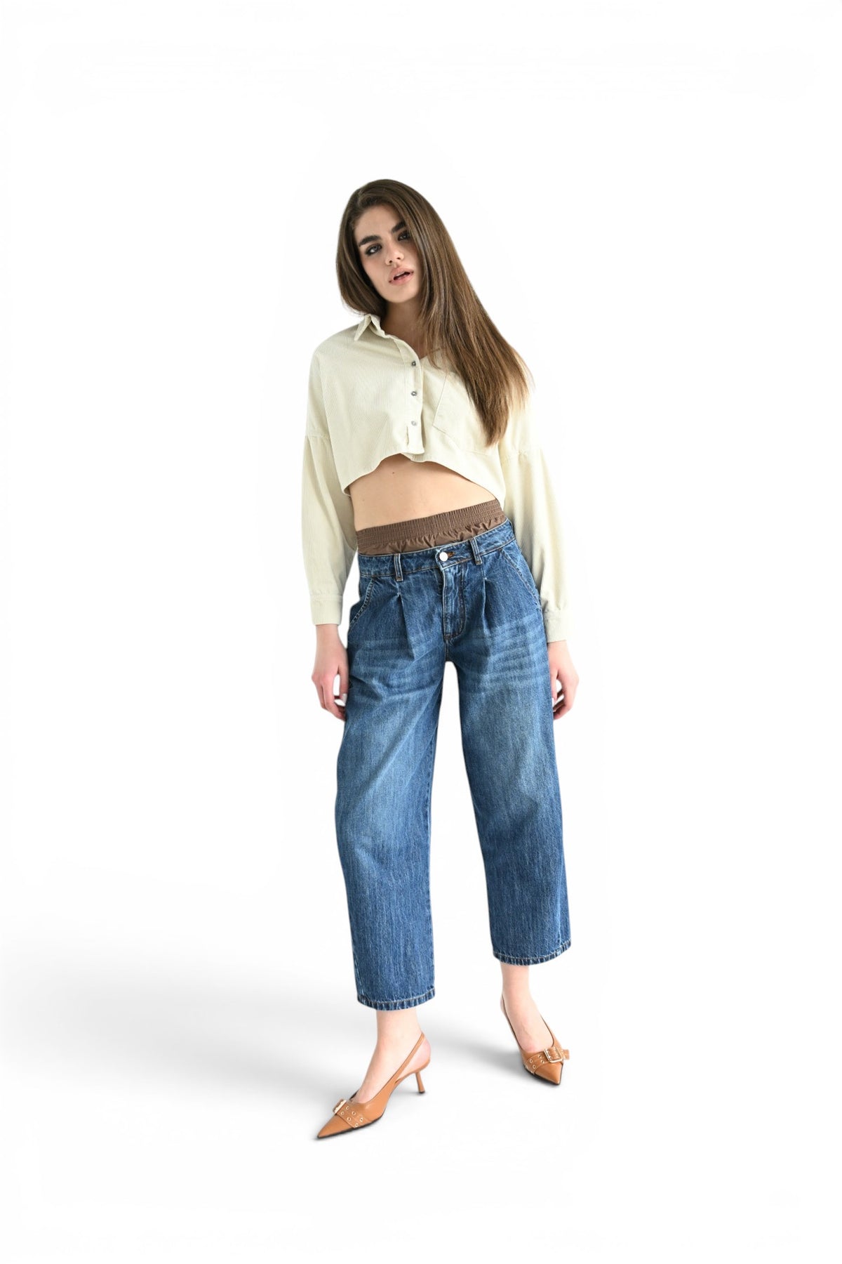 Boxy jeans with chocolate poplin faux boxers