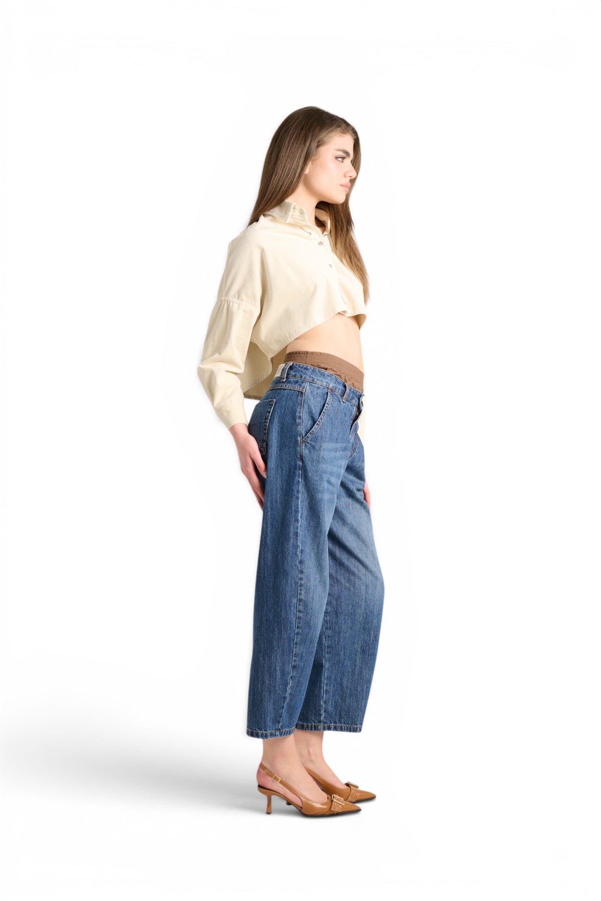 Boxy jeans with chocolate poplin faux boxers