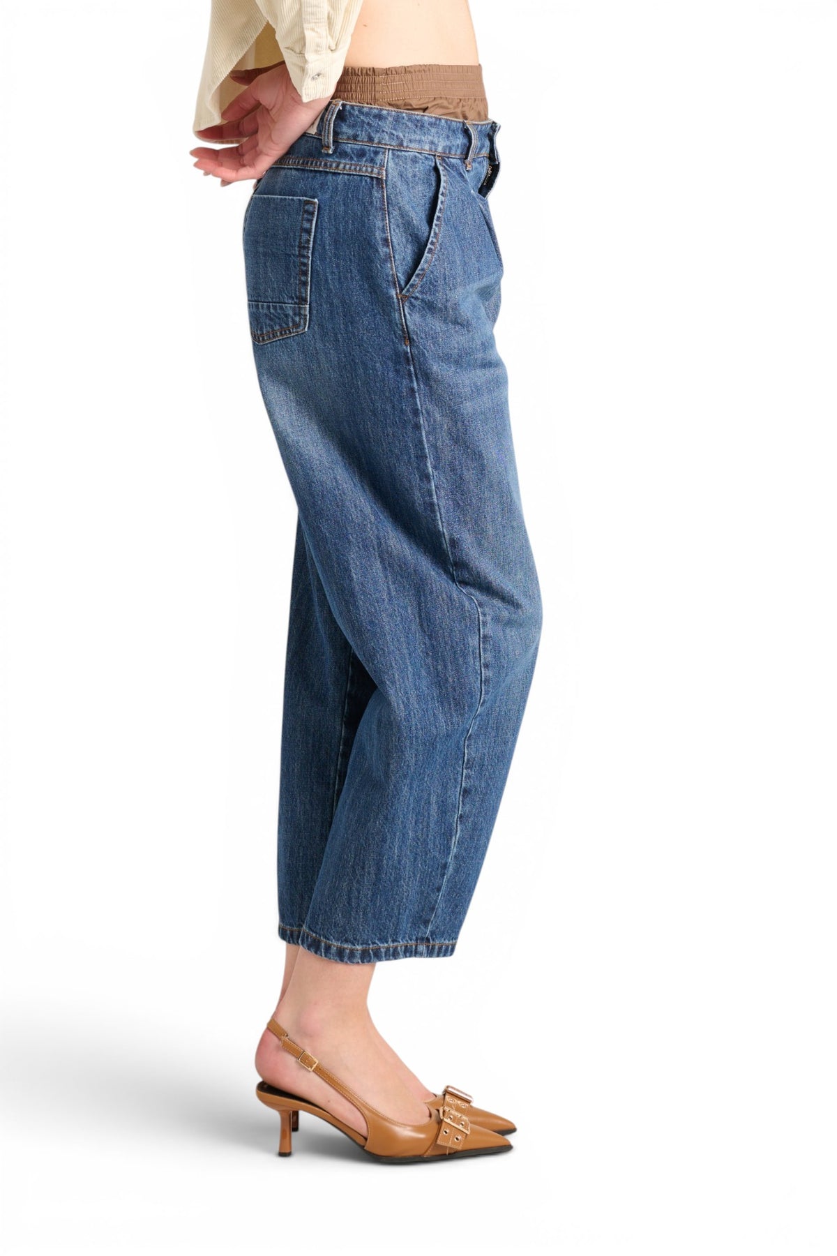 Boxy jeans with chocolate poplin faux boxers