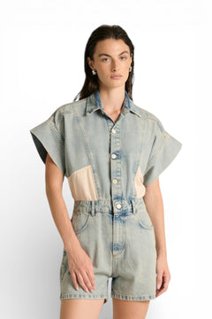 Minijumpsuit Mya in denim con patchwork in cotone
