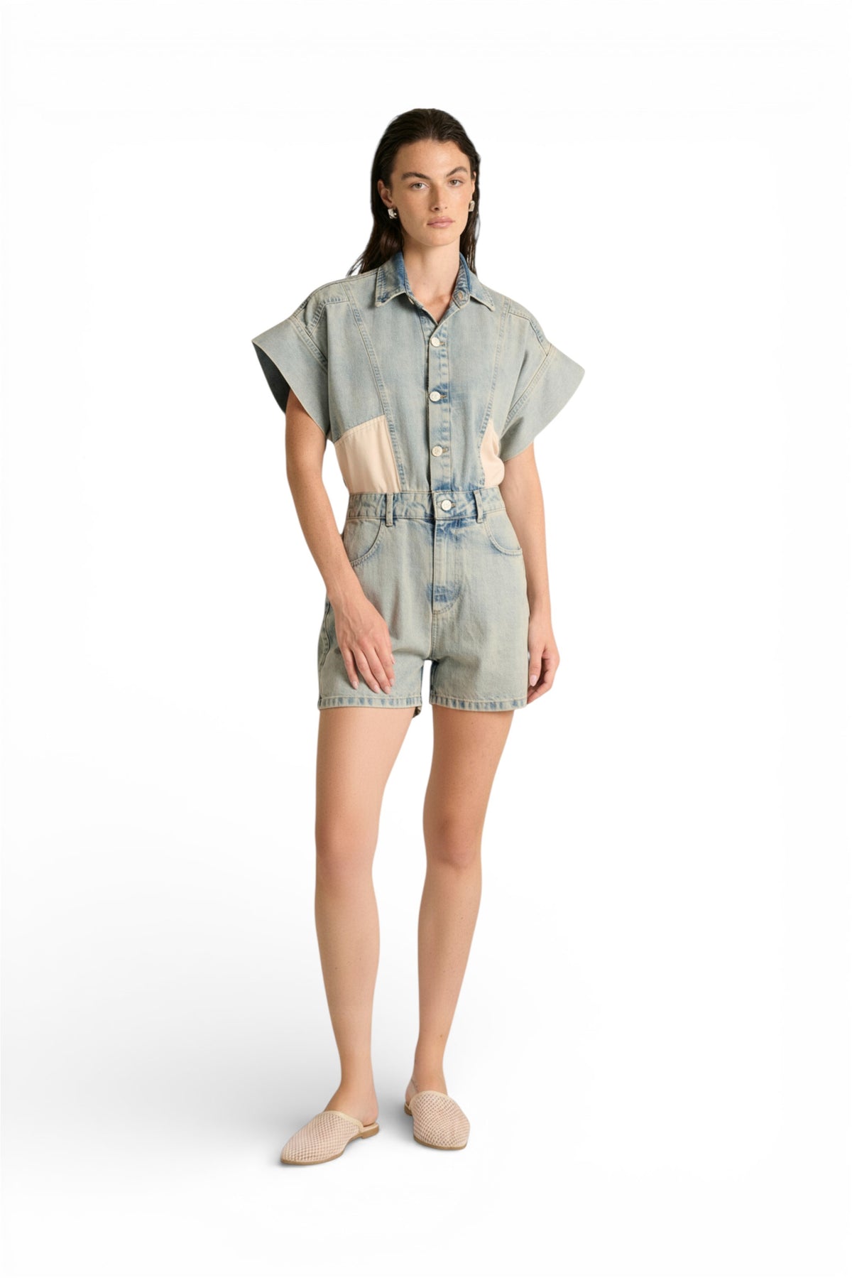 Minijumpsuit Mya in denim con patchwork in cotone
