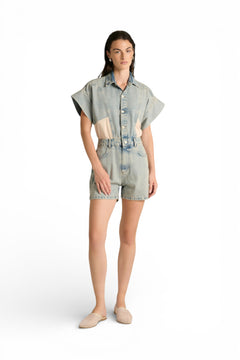Minijumpsuit Mya in denim con patchwork in cotone