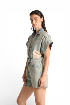 Minijumpsuit Mya in denim con patchwork in cotone