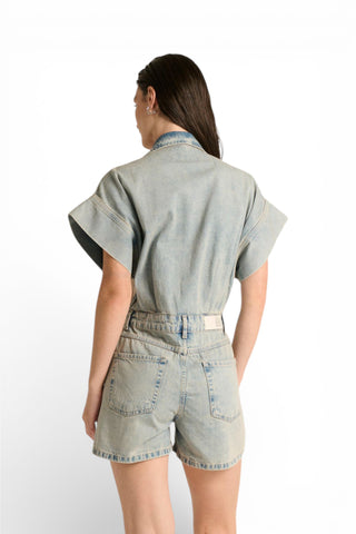 Minijumpsuit Mya in denim con patchwork in cotone