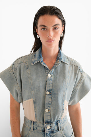 Minijumpsuit Mya in denim con patchwork in cotone
