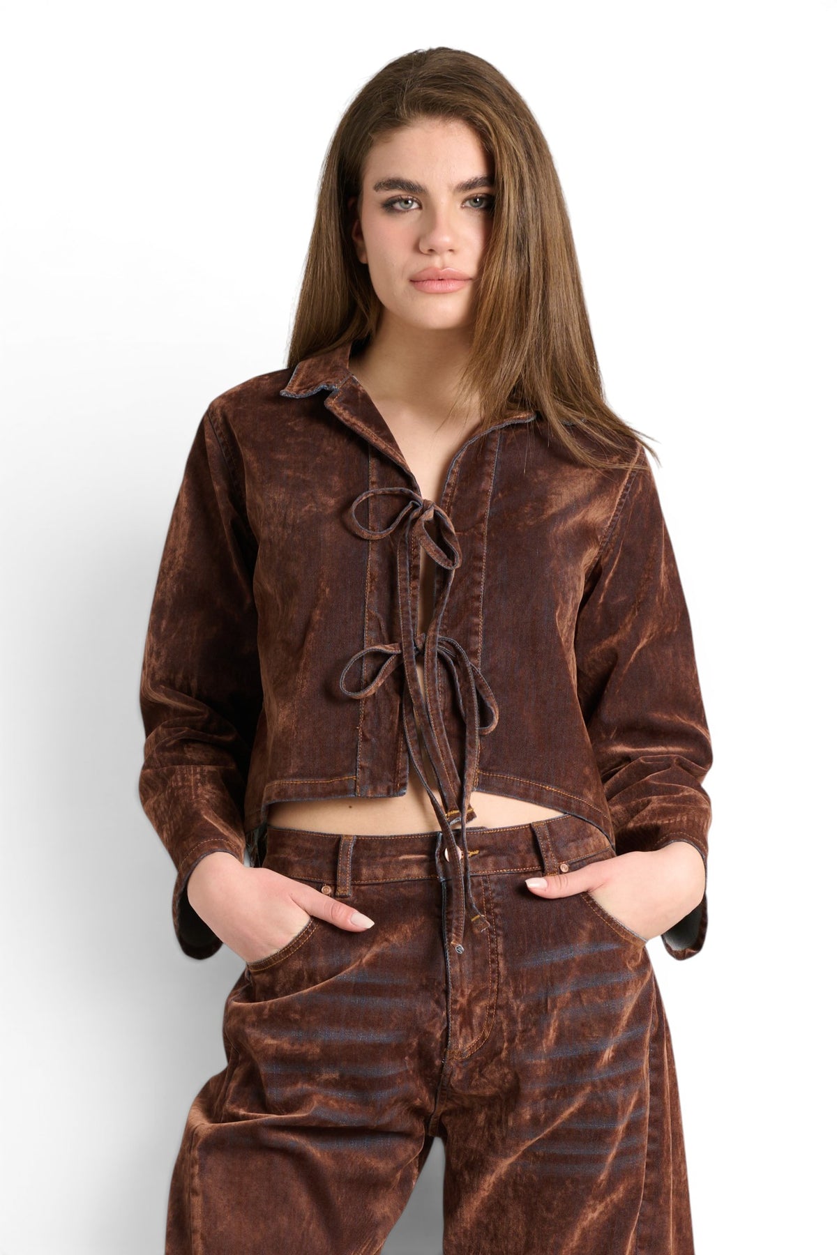 Giacca Camicia Sara boxfit in denim floccato con lacci