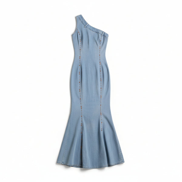 Abito Bianca in denim comfort a monospalla con fondo godet