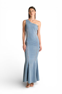 Abito Bianca in denim comfort a monospalla con fondo godet