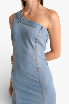 Abito Bianca in denim comfort a monospalla con fondo godet