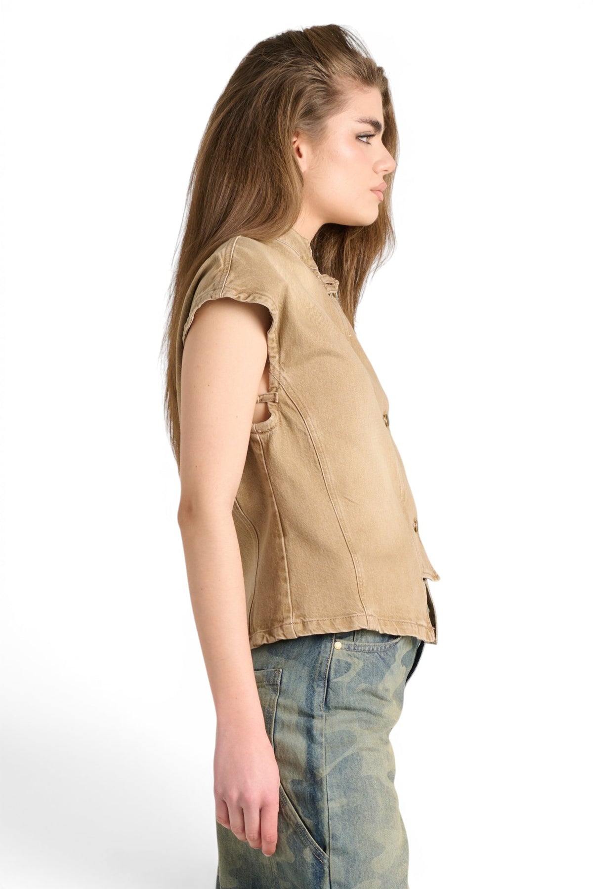 Gilet Hana utility in denim color con collo coreano