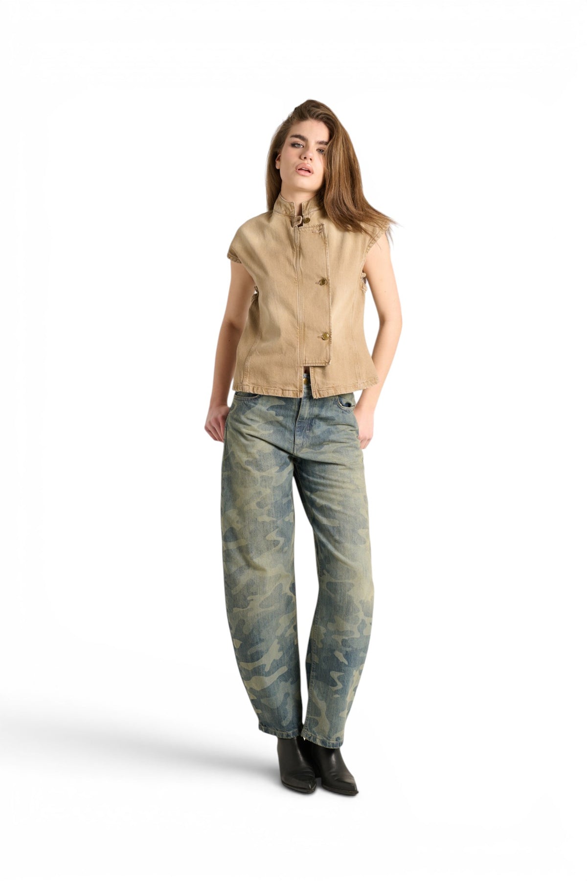 Gilet Hana utility in denim color con collo coreano