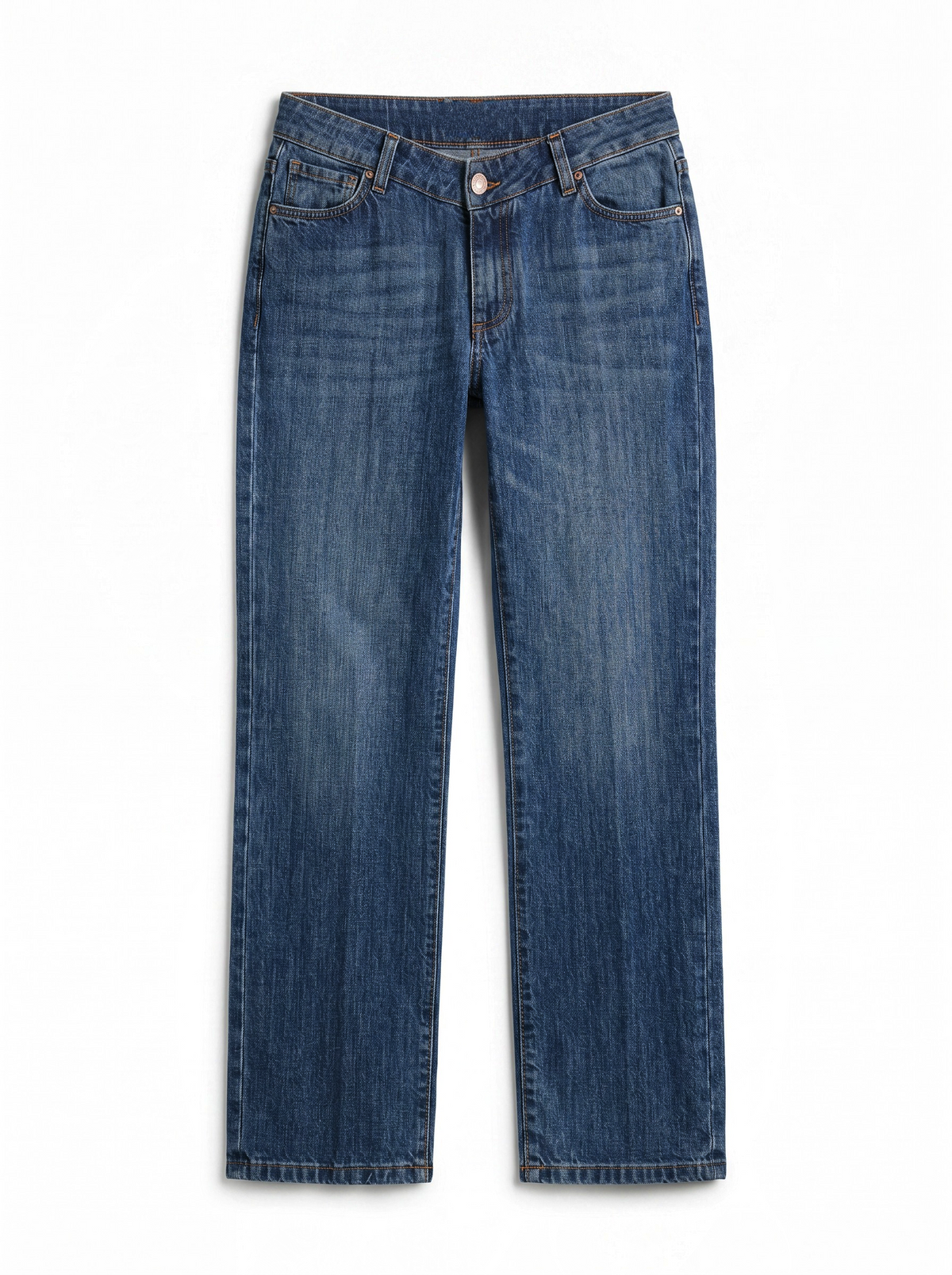 Ada straight leg jeans in medium stone wash denim with V-shaped waistband