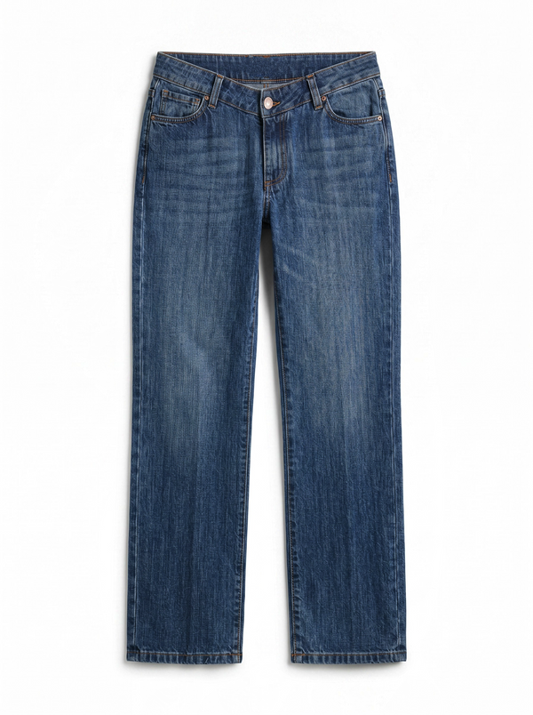 Ada straight leg jeans in medium stone wash denim with V-shaped waistband