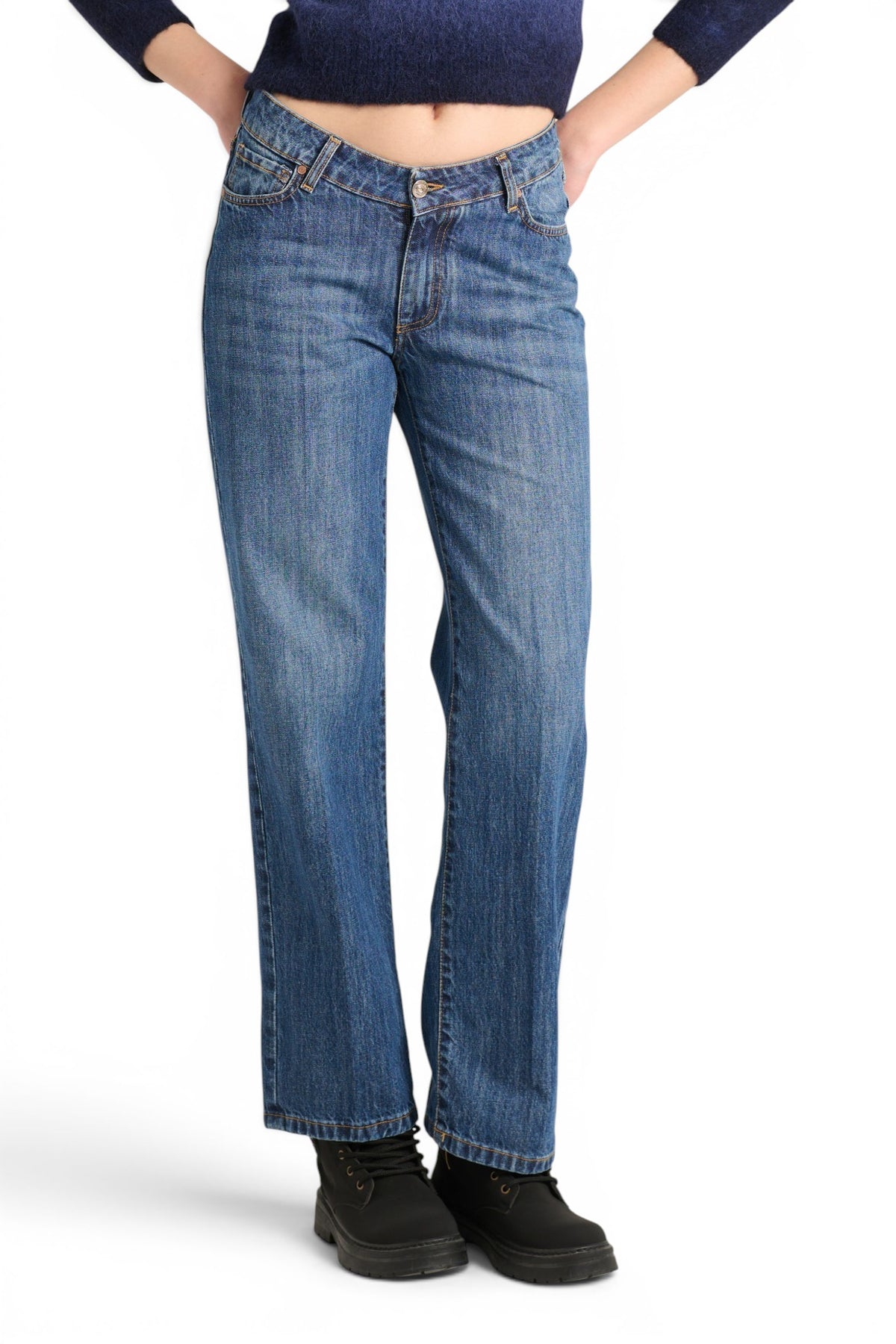 Ada straight leg jeans in medium stone wash denim with V-shaped waistband