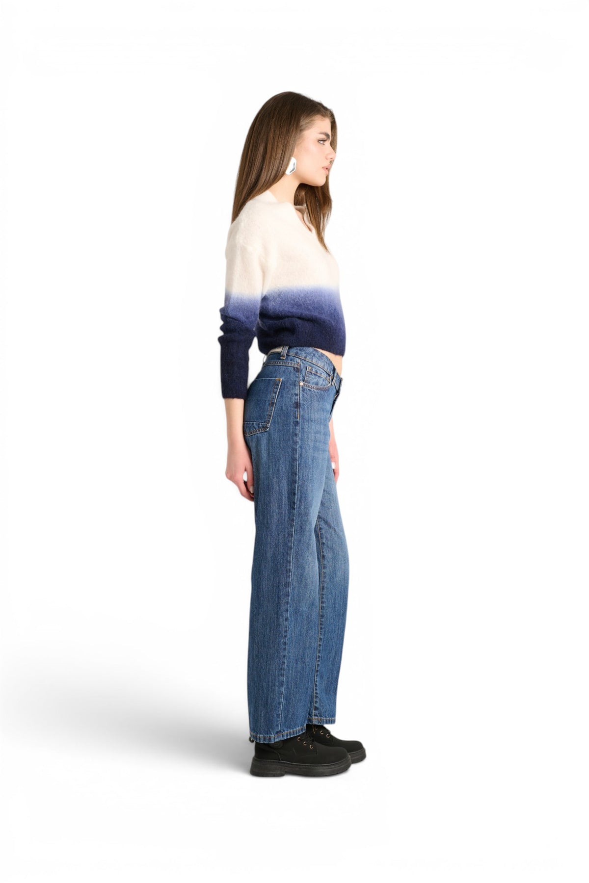 Ada straight leg jeans in medium stone wash denim with V-shaped waistband