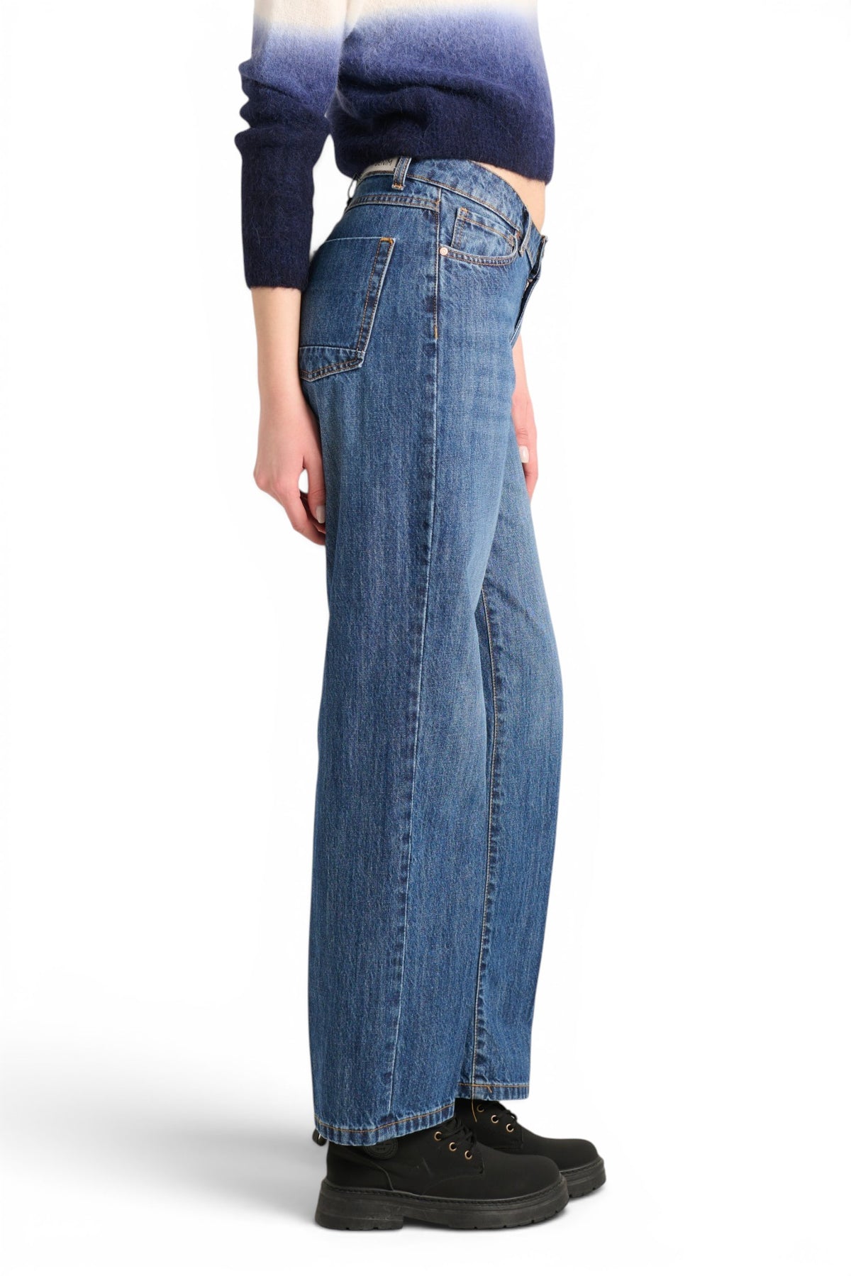 Ada straight leg jeans in medium stone wash denim with V-shaped waistband