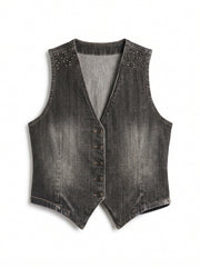 Gilet Jen in denim nero con applicazione borchie