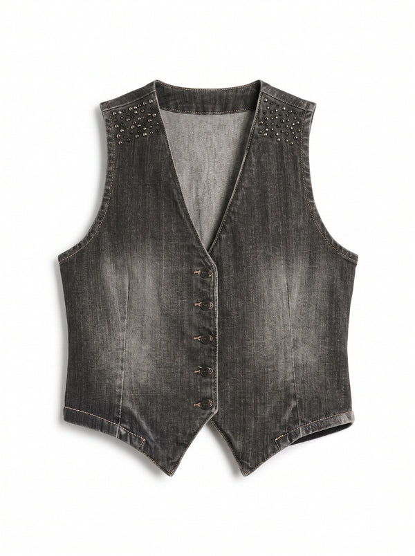 Jen black denim vest with stud application