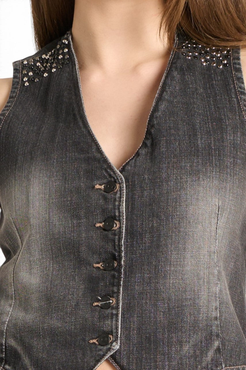 Jen black denim vest with stud application