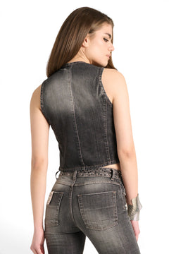Jen black denim vest with stud application