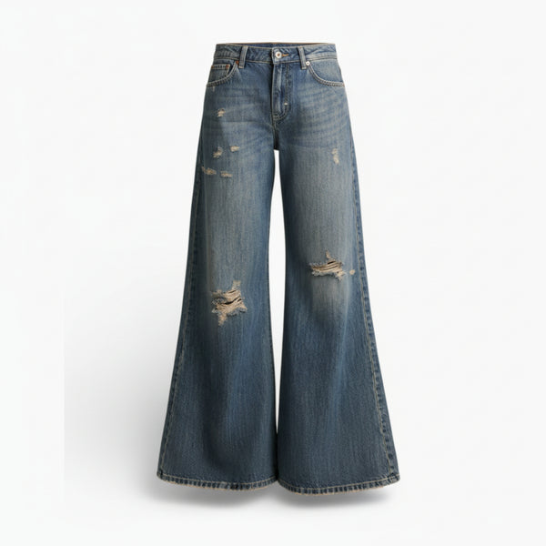 Jeans Brenda wide leg in denim fermo con abrasioni