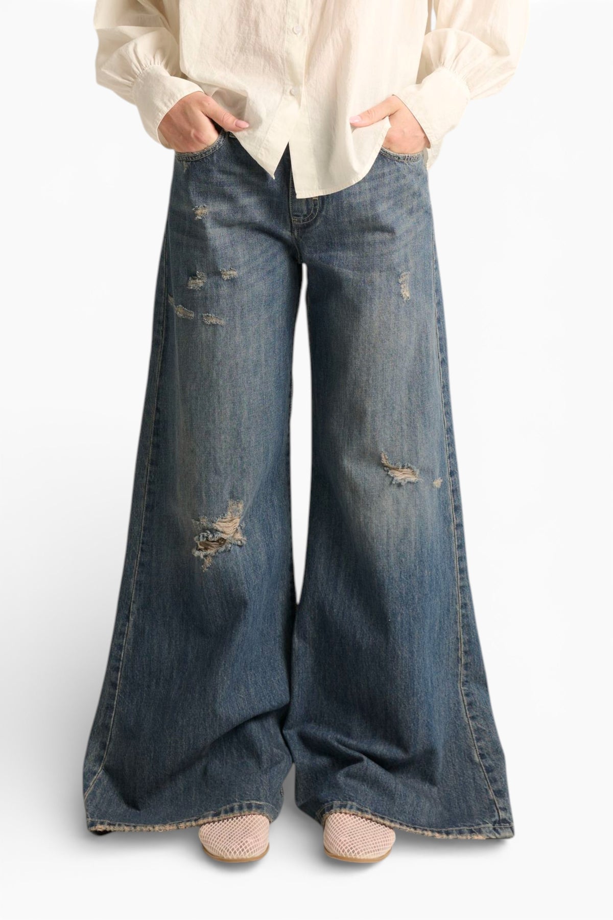 Jeans Brenda wide leg in denim fermo con abrasioni