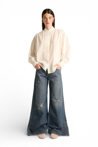 Jeans Brenda wide leg in denim fermo con abrasioni