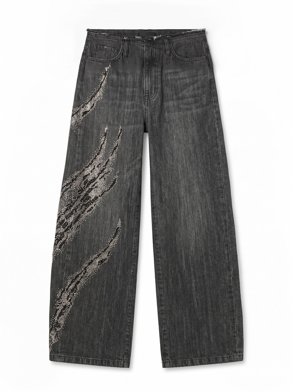 Dakota barrel wide leg jeans in black denim with rhinestones