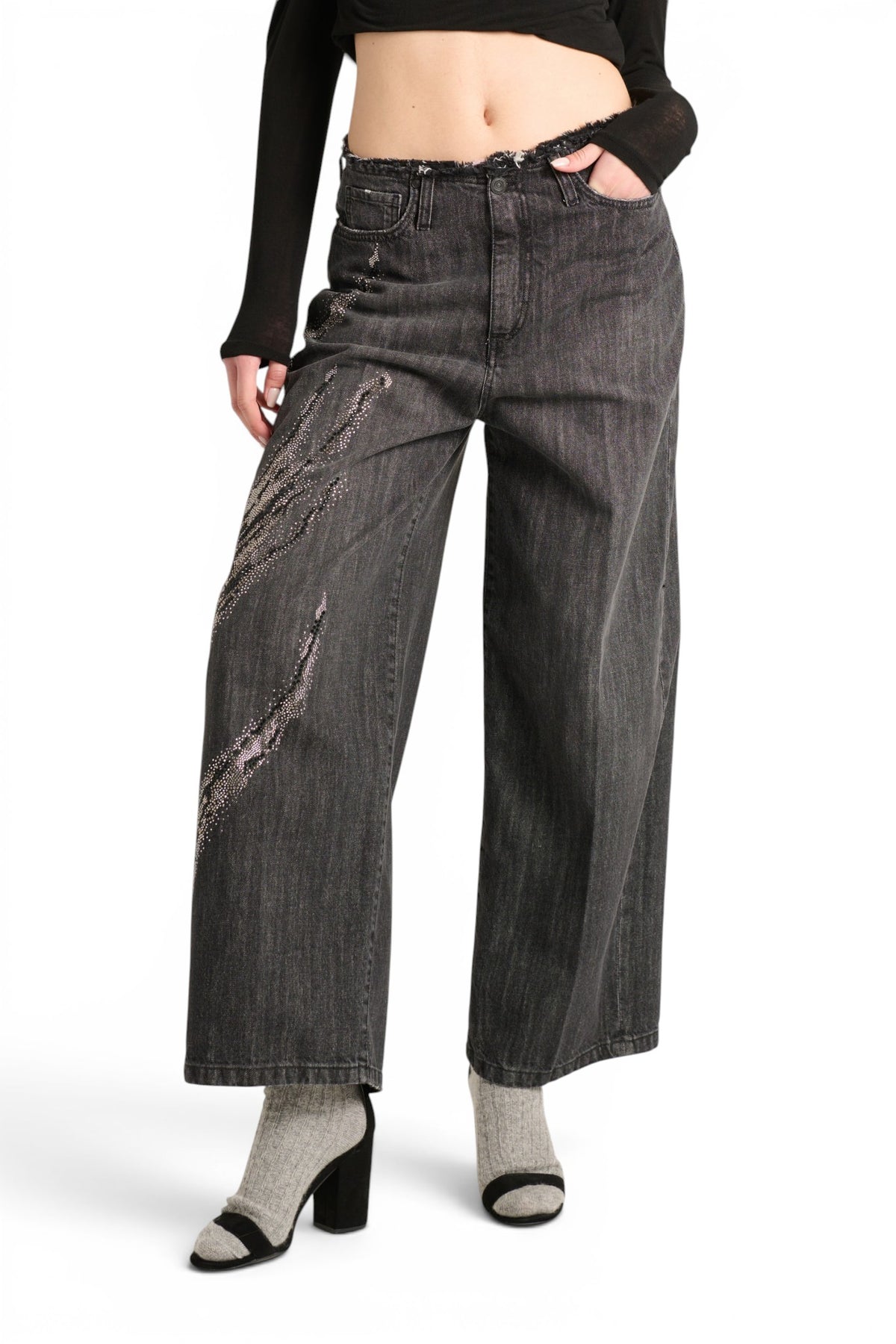 Dakota barrel wide leg jeans in black denim with rhinestones