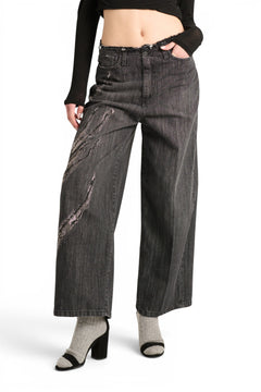 Dakota barrel wide leg jeans in black denim with rhinestones