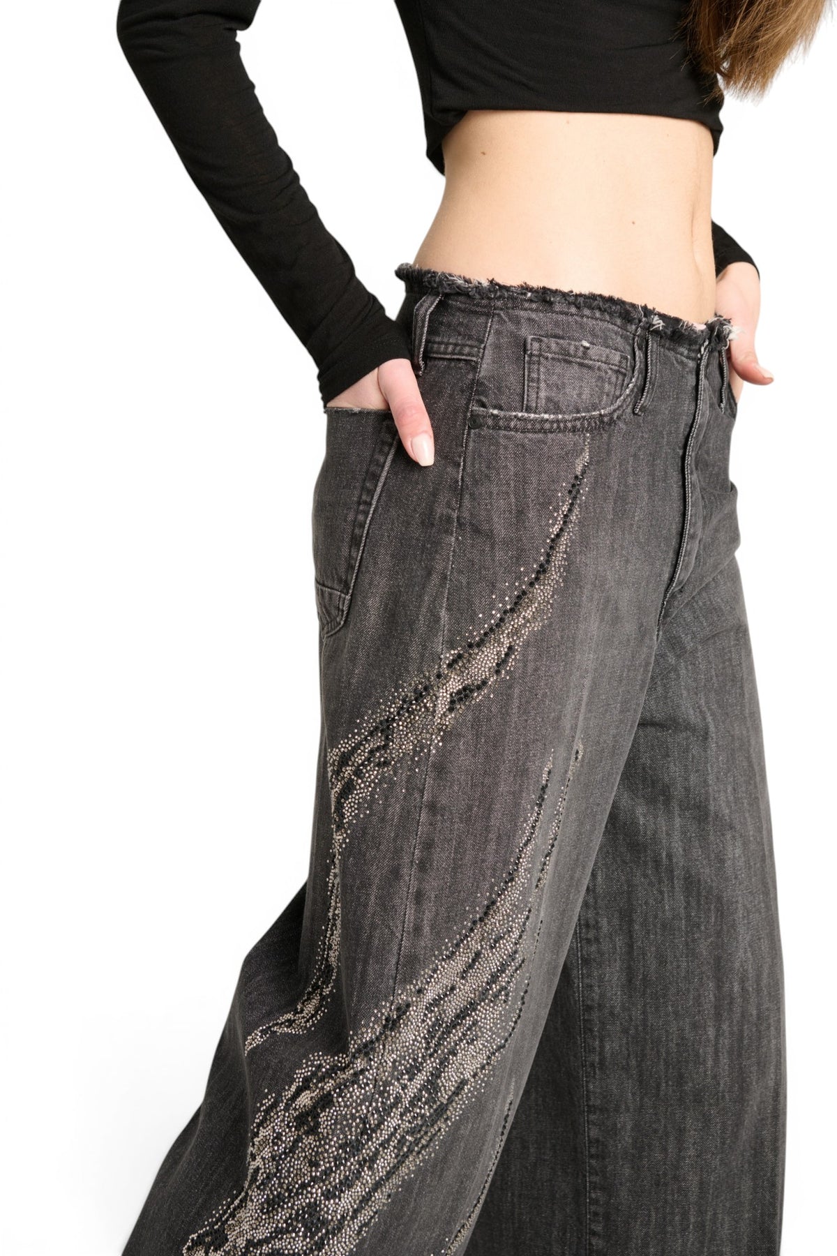 Dakota barrel wide leg jeans in black denim with rhinestones