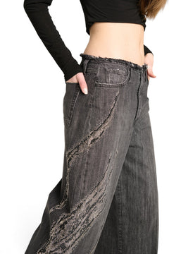Dakota barrel wide leg jeans in black denim with rhinestones