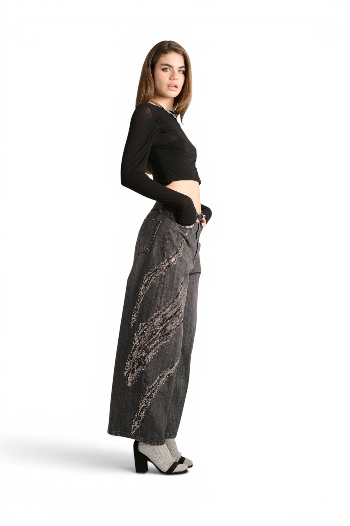 Dakota barrel wide leg jeans in black denim with rhinestones