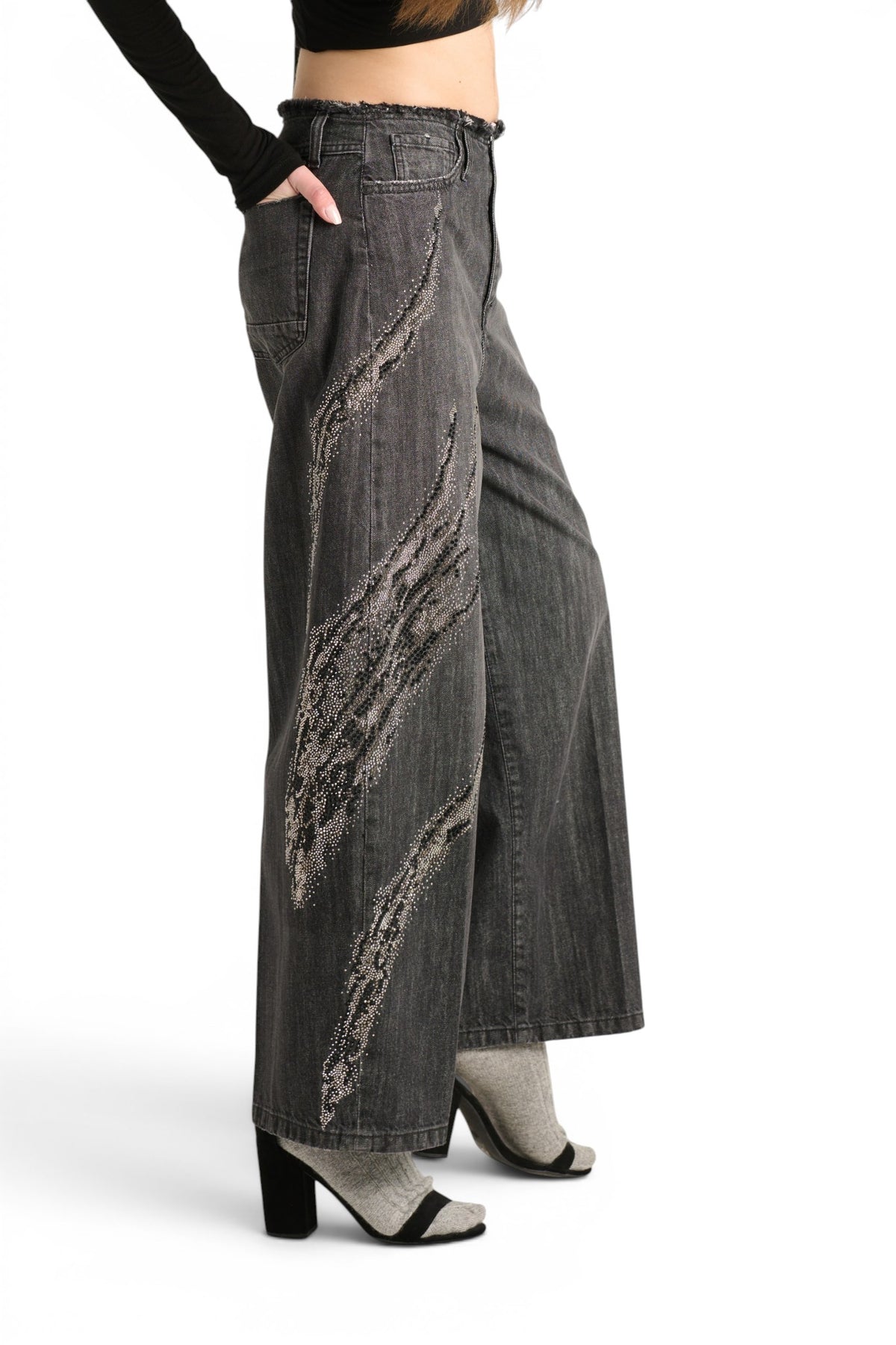 Dakota barrel wide leg jeans in black denim with rhinestones