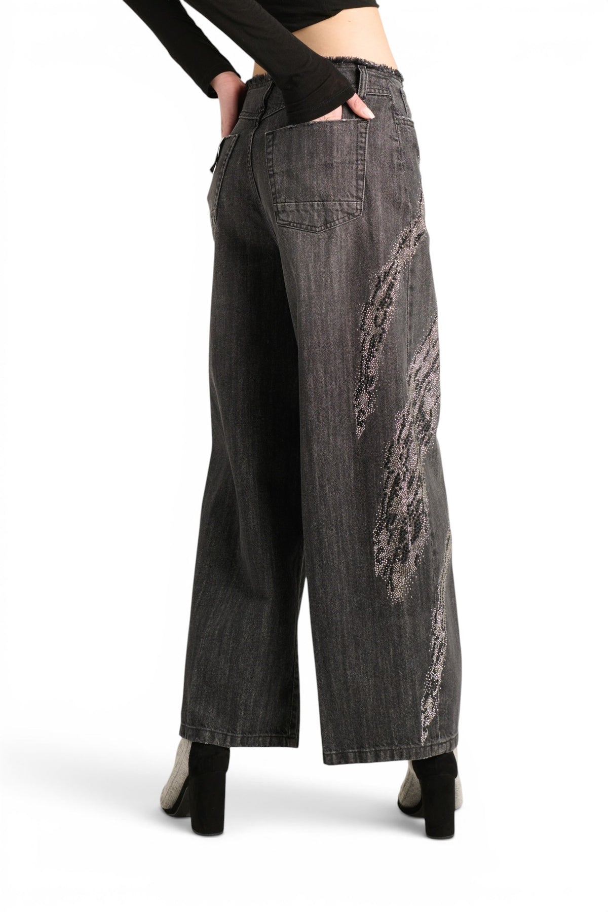 Dakota barrel wide leg jeans in black denim with rhinestones