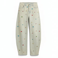 Jeans Ashley barrel con strass e castoni in denim slegato