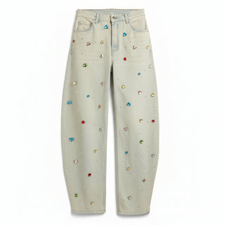 Jeans Ashley barrel con strass e castoni in denim slegato